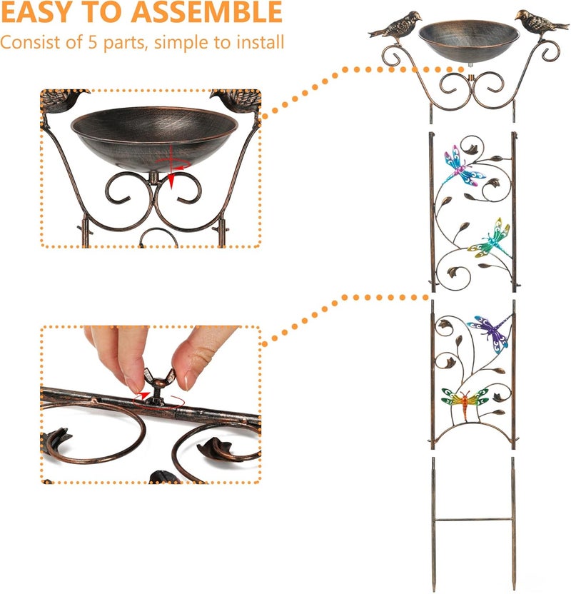 LEWIS&WAYNE Garden Trellis Bird Bath Outdoor, 40 Inch Antique Iron Garden Plant Trellis Decorative with Dragonfly and Detachable Drinking Basin Bowl, Free Standing BirdBath Birdfeeder Station - Image 4